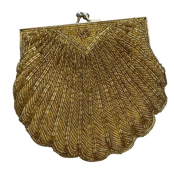 Magid Handbags - Vtg Magid Beaded Mini Evening Bag Gold Mermaidcore Scallop Shell Clutch Occasion